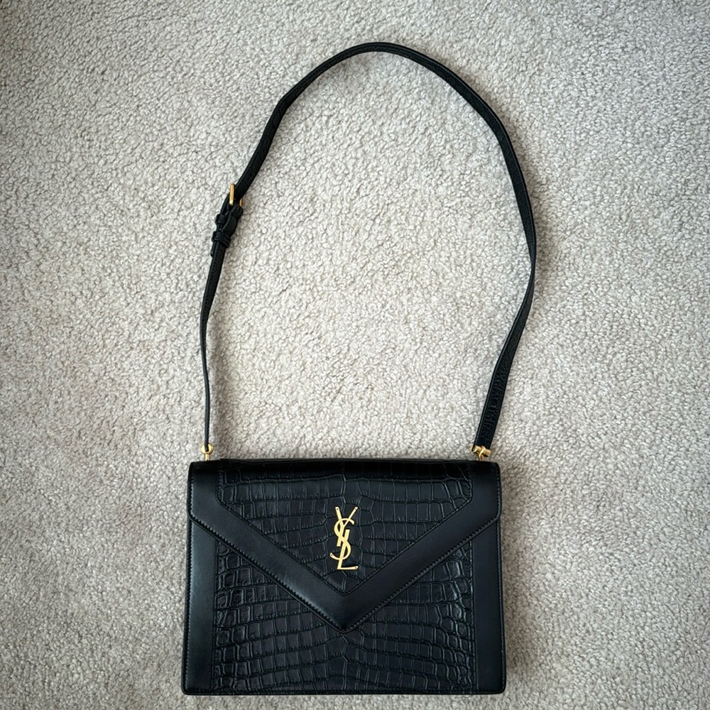 Authentic Saint Laurent Gaby YSL Envelope Croc-Embossed Satchel Bag